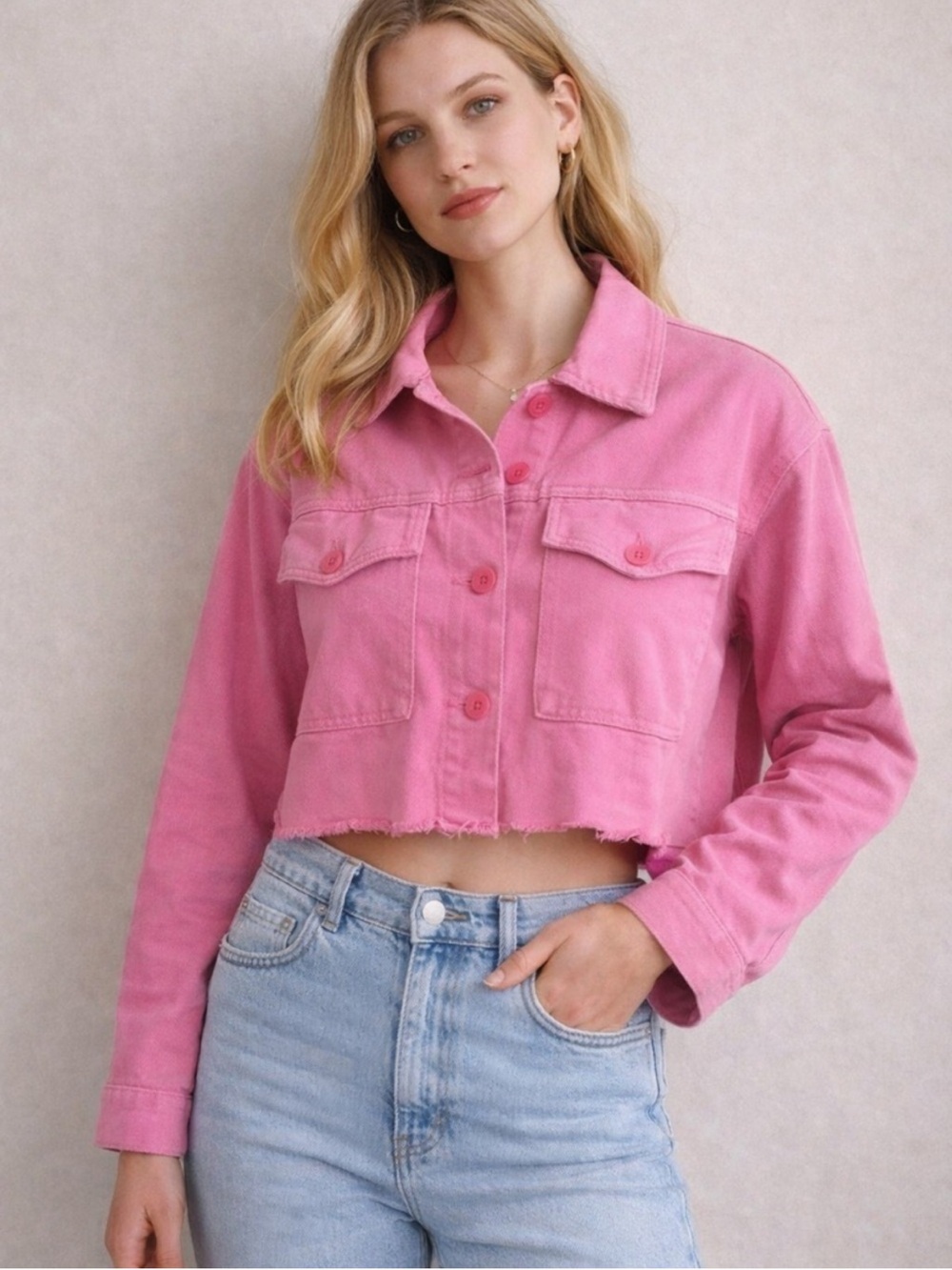 Zara Pink Cropped Denim Jacket Raw Hem Boxy Utility Jean Jacket Women’s S